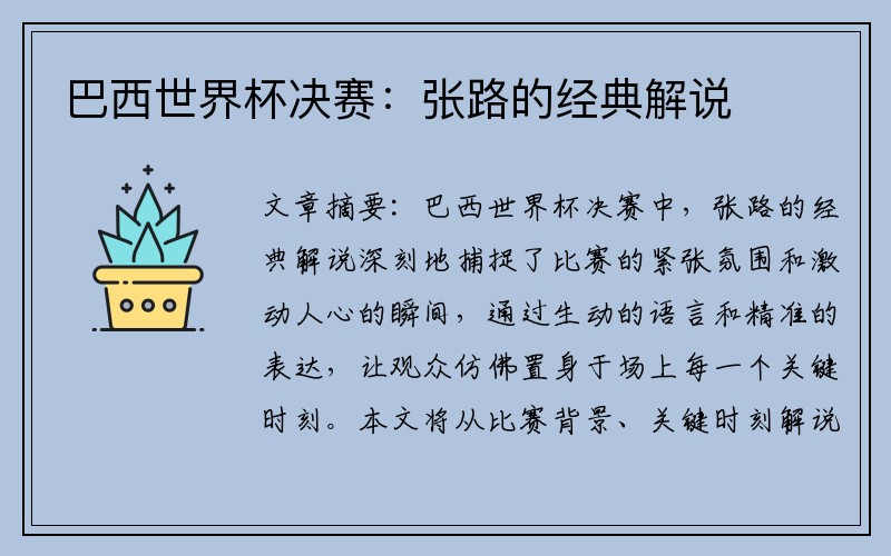 巴西世界杯决赛：张路的经典解说