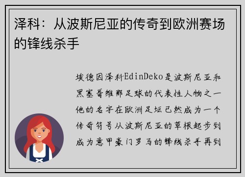泽科：从波斯尼亚的传奇到欧洲赛场的锋线杀手