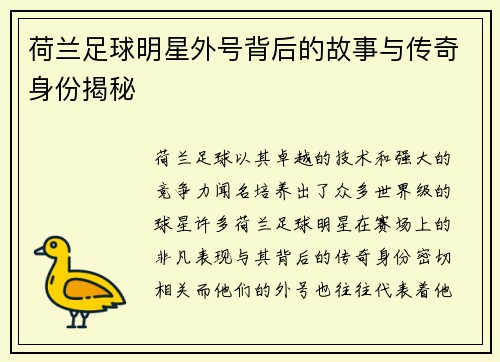 荷兰足球明星外号背后的故事与传奇身份揭秘