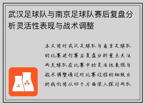 武汉足球队与南京足球队赛后复盘分析灵活性表现与战术调整