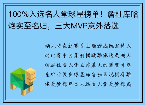 100%入选名人堂球星榜单！詹杜库哈炮实至名归，三大MVP意外落选